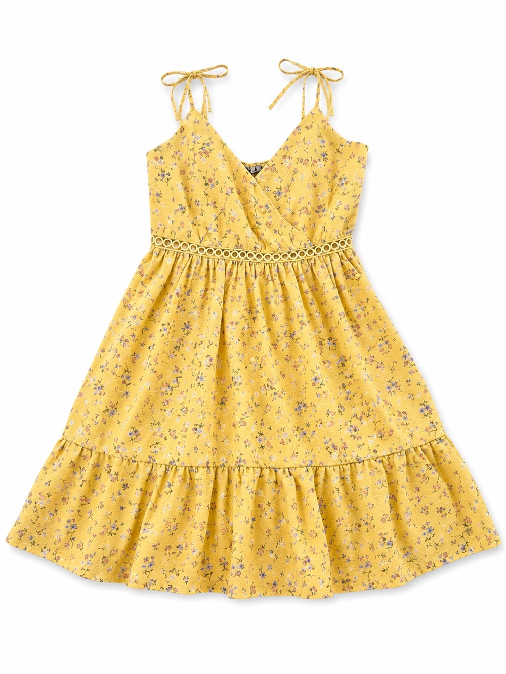 Girls Yellow Floral Tie-Shoulder Sundress with Eyelet Waist